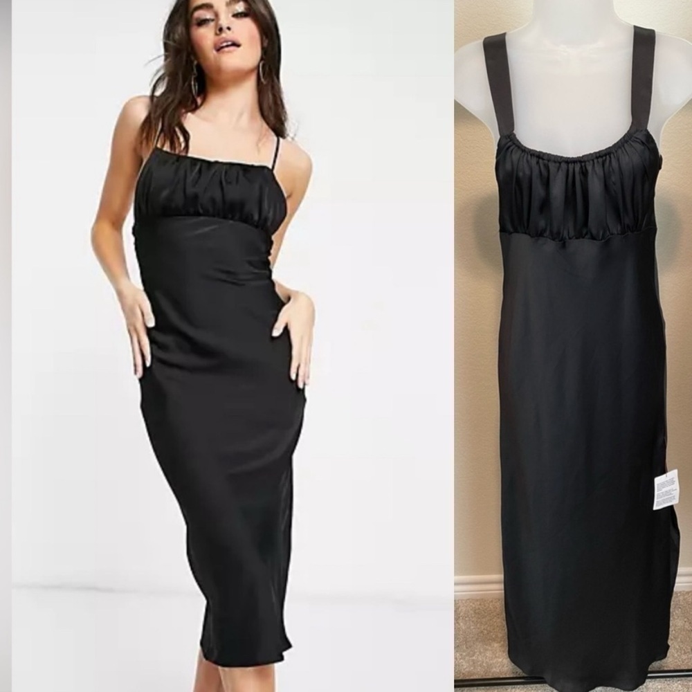 ASOS Women Maxi Slip Dress XS Black Bodycon Ruched Top Cocktail Party Preppy